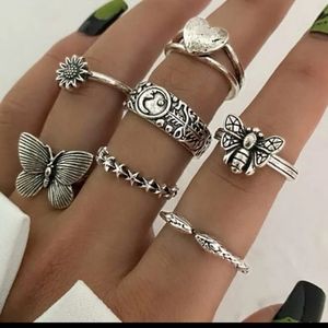 Vintage Butterfly and Heart Rings Midi 7 piece Stainless Steel